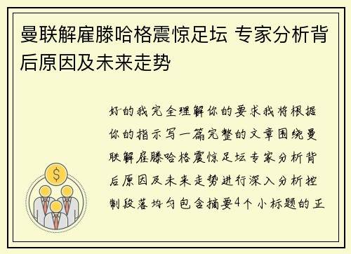 曼联解雇滕哈格震惊足坛 专家分析背后原因及未来走势